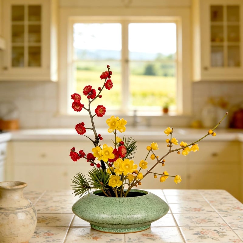 Eggone Ceramic Flower Pot Flower Arrangement Set Japanese Ikebana Floral Art Supplies Handmade Flower Bowl Decorative Flower Vase for Centerpieces (Small Green) - Image 4